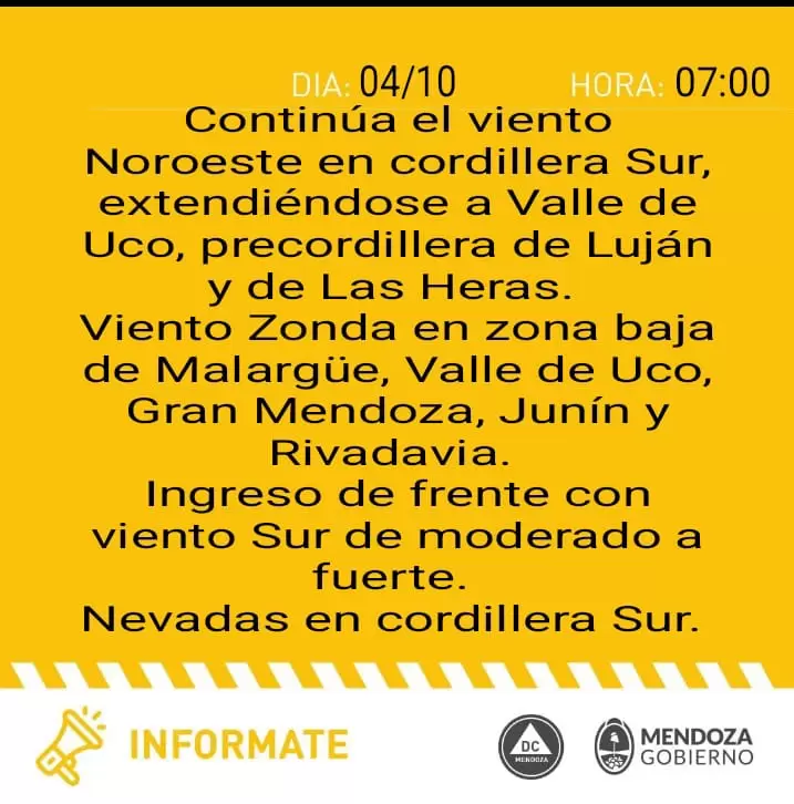 Alerta amarilla para Mendoza/ Fuente: Gobierno de Mendoza