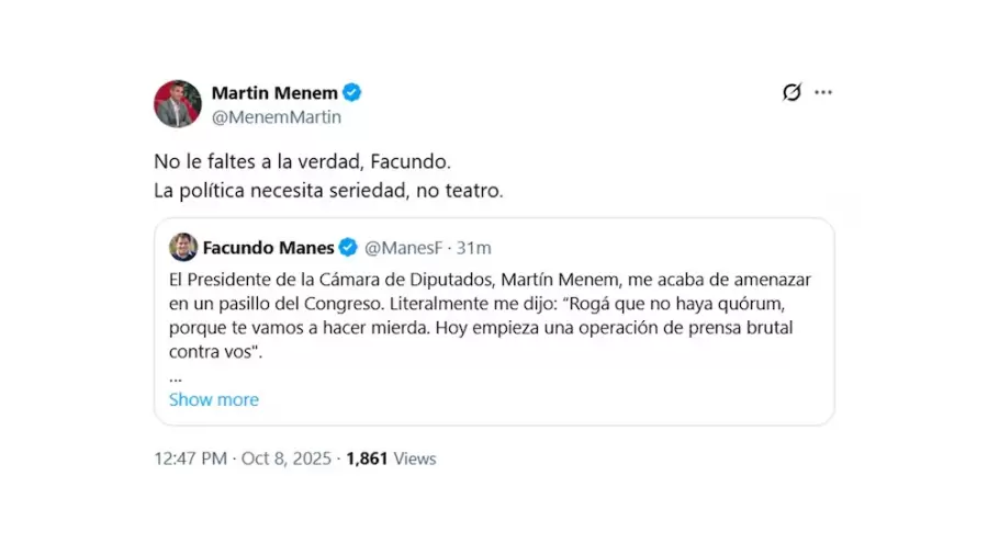 El posteo de Menem en X, como respuesta a la denuncia de Manes,