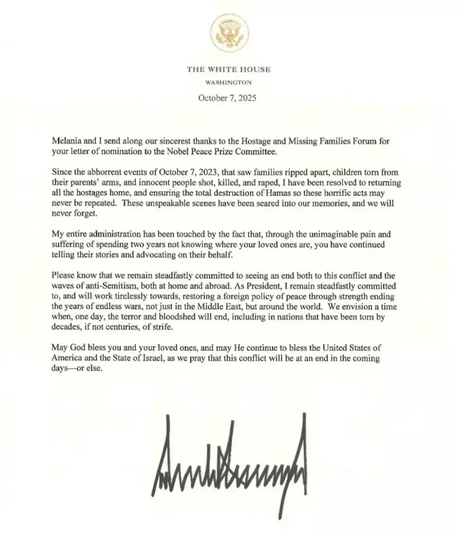 La carta con la que Donald Trump agradecía la propuesta para el Nobel de la Paz.