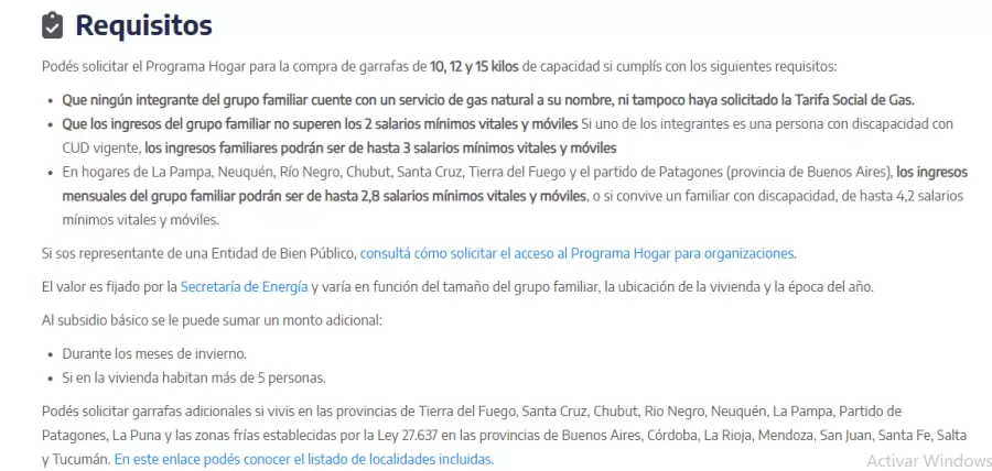 Dentro de las condiciones, ANSES recordó detalles sobre los montos y las zonas que pueden pedir garrafas adicionales
