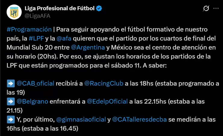 Los cambios de horarios para el sábado.