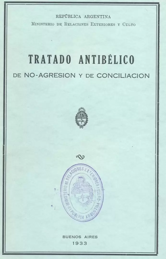 Portada del Tratado Antibélico, propuesto por el canciller Saavedra Lamas.