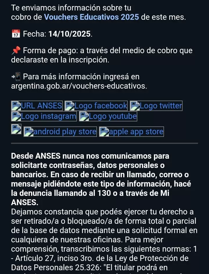 Además, ANSES hizo un recordatorio para evitar estafas virtuales