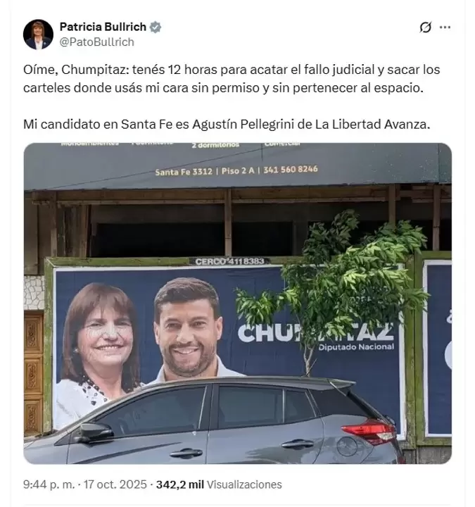 Patricia Bullrich instó a Gabriel Chumpitaz para que retire carteles con su imagen/ Fuente: X