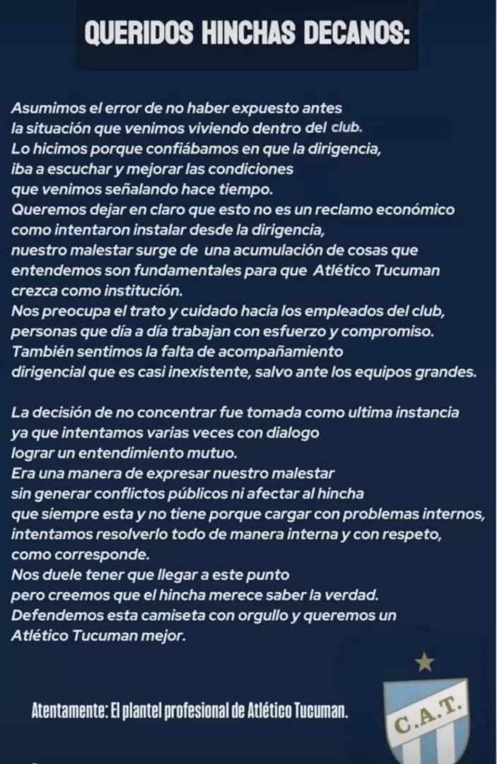 El comunicado del plantel de Atlético Tucumán.