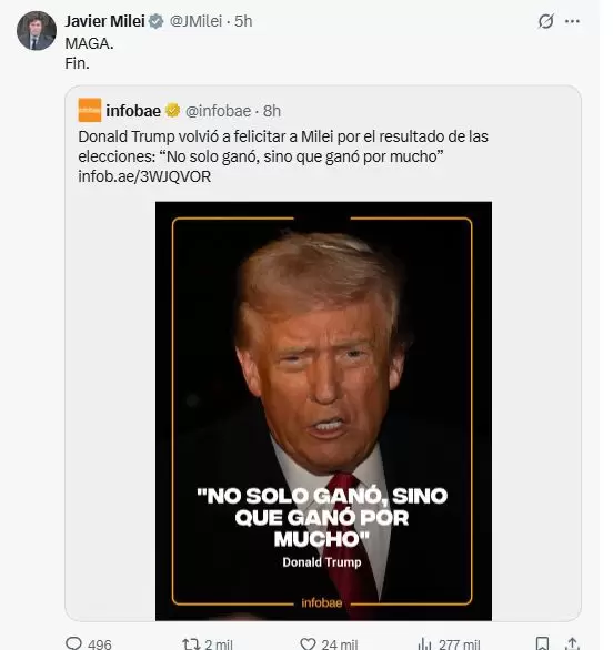 Milei reposteó a Donald Trump