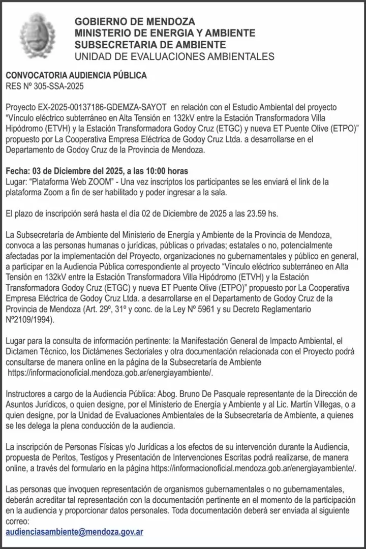 La convocatoria oficial de la provincia de Mendoza.