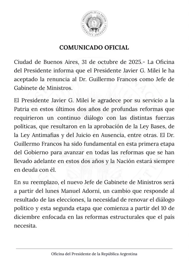Comunicado oficial de renuncia de Guillermo Francos