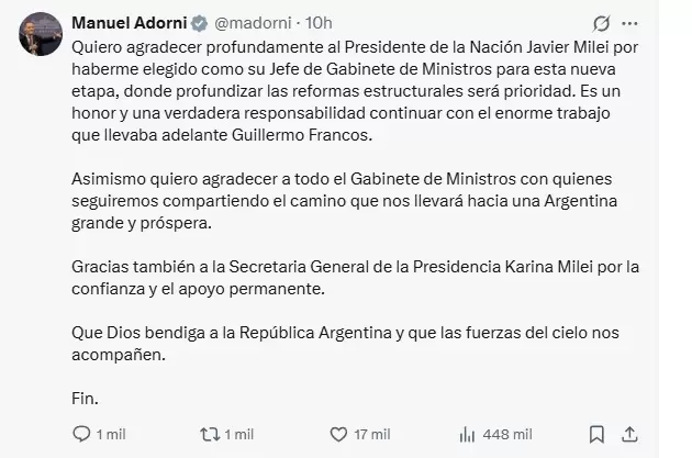 Manuel Adorni tras su designación como jefe de Gabinete/ Fuente: X de Manuel Adorni