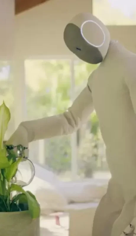 El robot humanoide de 1X Technologies utiliza inteligencia artificial para aprender y ejecutar tareas domésticas de forma autónoma.