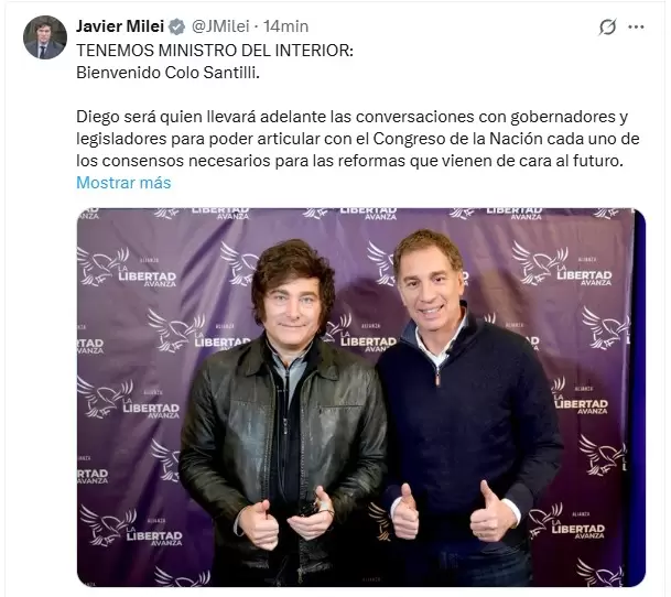 Javier Milei confirmó a Diego Santilli como ministro del Interior/ Fuente: X de Javier Milei