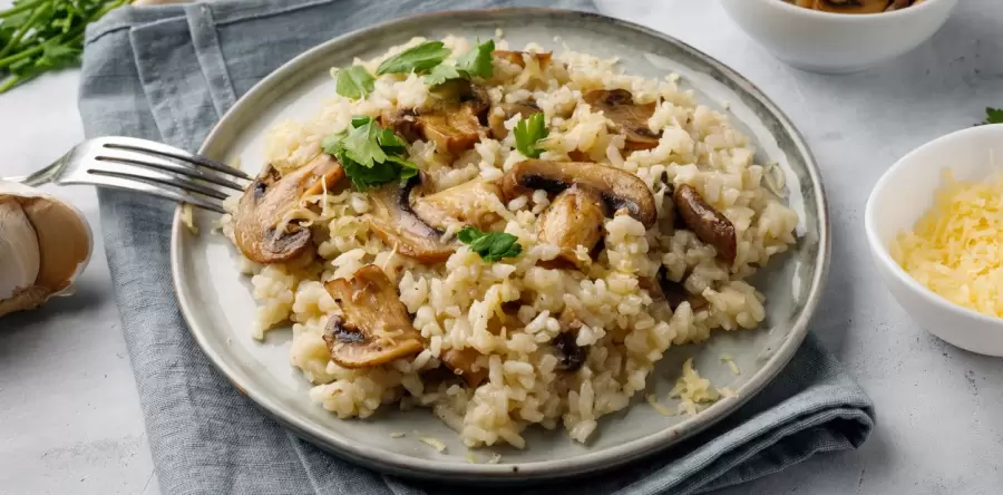 El risotto de hongos con arroz yamaní aporta innumerables nutrientes y da sensación de saciedad.