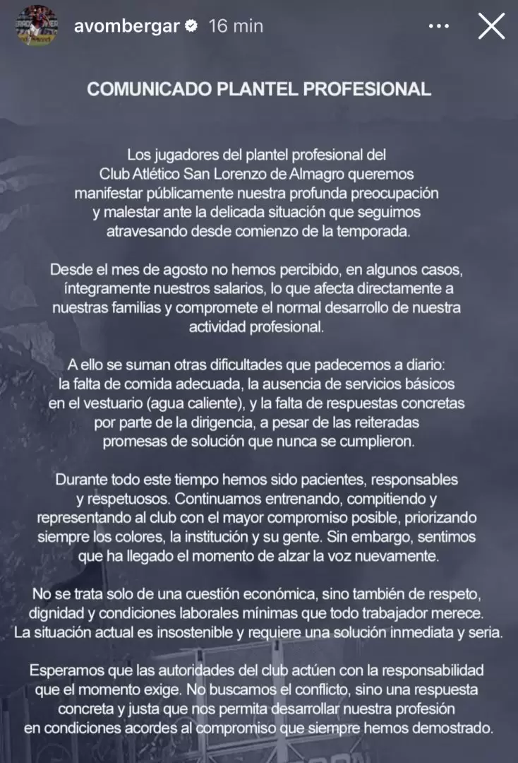 El comunicado de los jugadores de San Lorenzo.