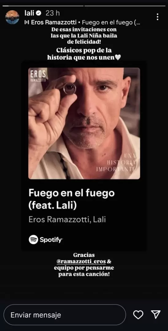 Lali le dedicó un mensaje a Eros Ramazzotti a través de las redes