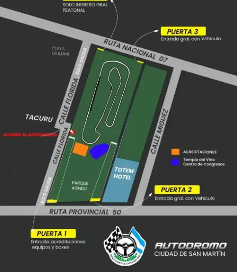 Los ingresos al autódromo de San Martín.