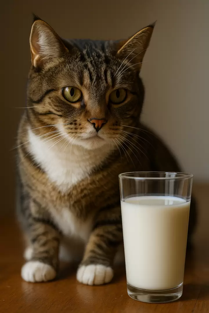 Gatito y vaso de leche