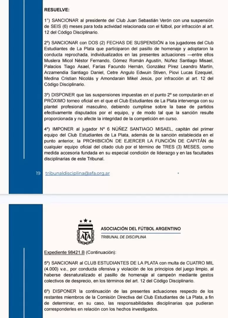 El comunicado de la sanción