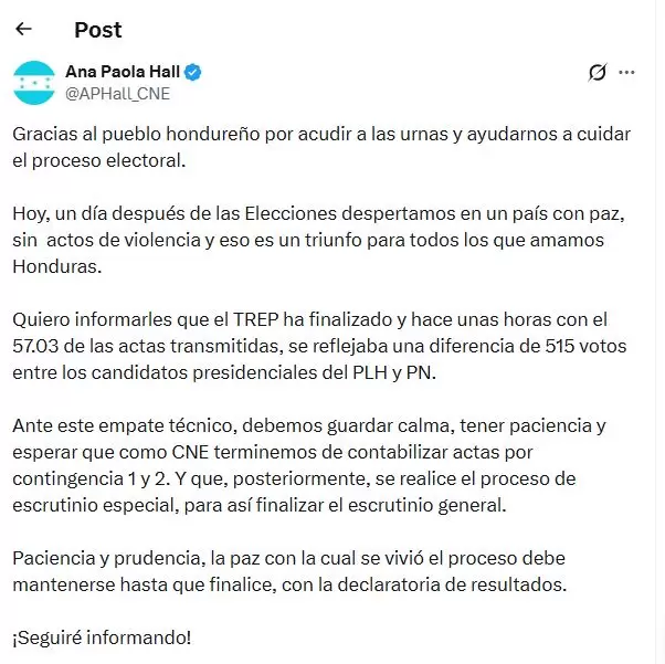 El comunicado de la presidenta del CNE.