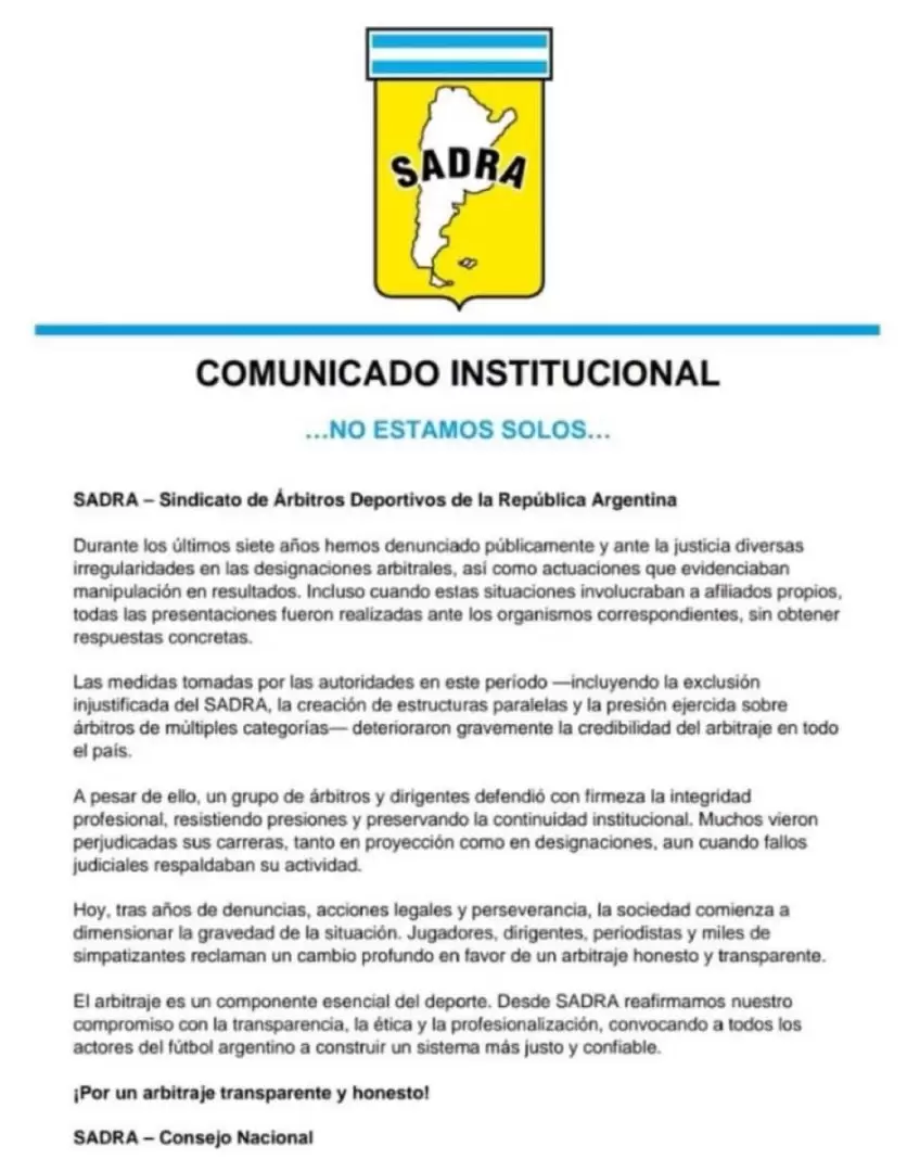 El comunicado de SADRA.