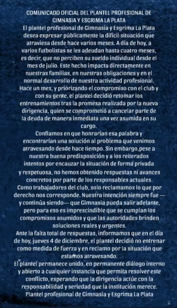 El comunicado de los jugadores de Gimnasia.