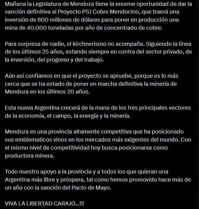 El posteo de Milei