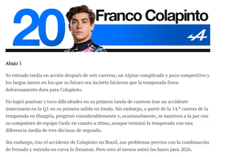 La explicación del reconocido medio sobre la temporada de Colapinto.