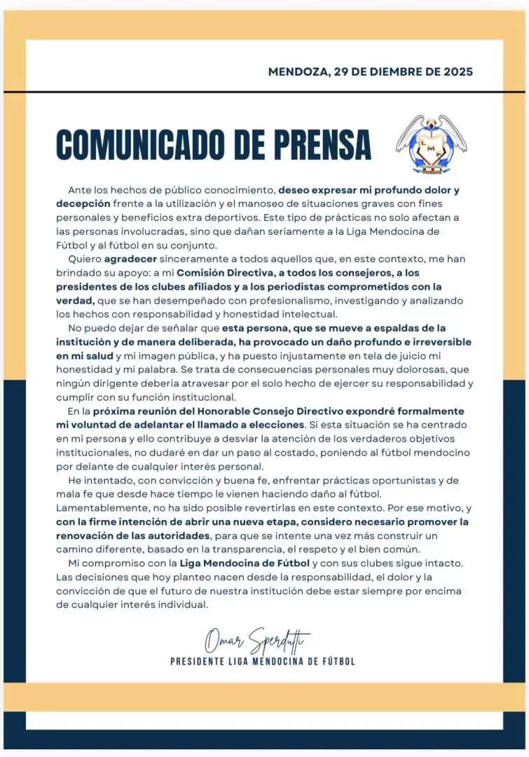 El comunicado de la Liga Mendocina.