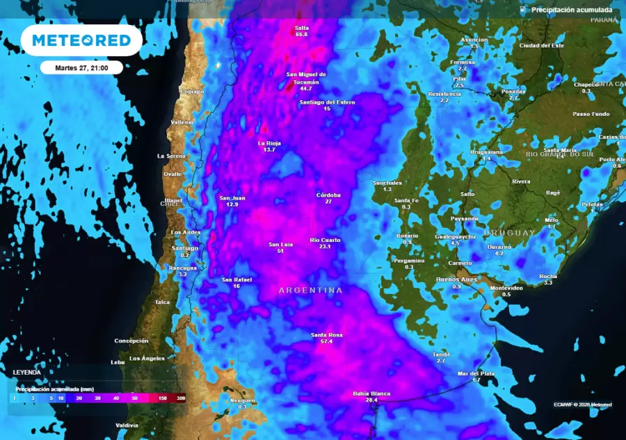 Pronóstico de acumulación de lluvias hasta el próximo martes según el modelo ECMWF.