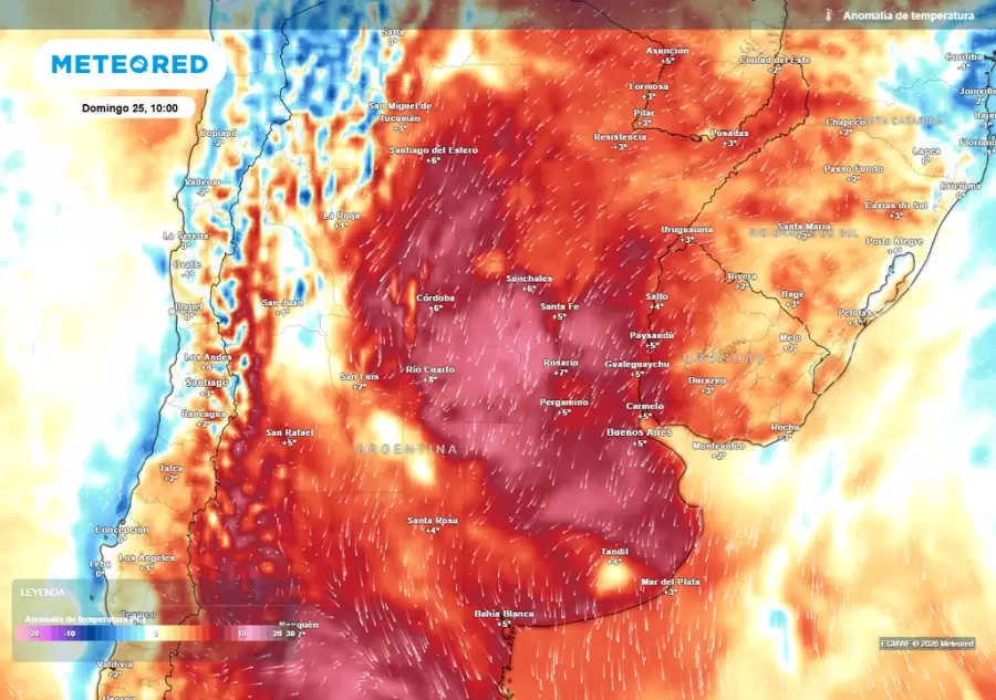 Desvío de temperatura previsto para el domingo según el modelo ECMWF.