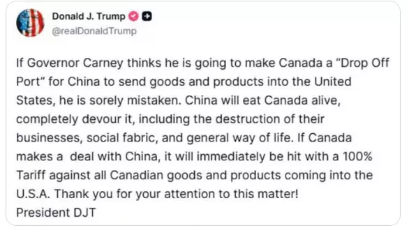 "China se comerá vivo a Canadá, lo devorará por completo...", declaraciones de Trump en su cuenta Truth Social.