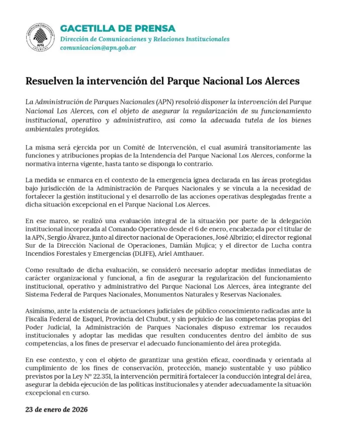 Parques Nacionales resolvió disponer la intervención del Parque Nacional Los Alerces para regularizar su funcionamiento institucional.