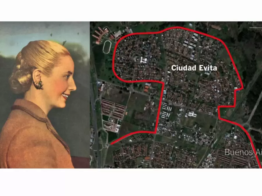 El perfil de Eva Duarte, y la silueta del barrio. ¿Homenaje?
