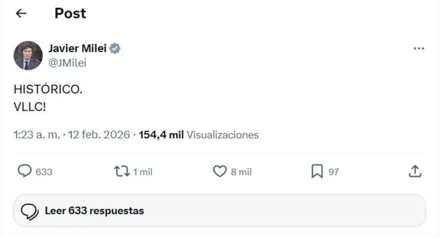 Sintético y contundente posteo de Milei en X tras la aprobación de la reforma