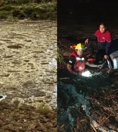 Rescate: Tres motociclistas que realizaban prácticas en el Dique Frías quedaron atrapados cuando una repentina crecida por la tormenta los alcanzó.